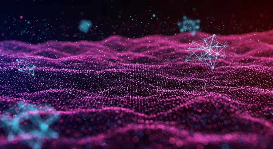 Abstract futuristic digital landscape showing interconnected data nodes, artificial intelligence neural networks, and flowing event streams for APIs
